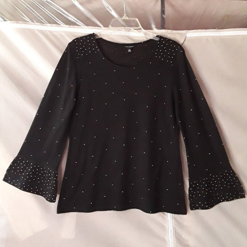 Lucky Brand Los Angeles Women's S Blouse Black White Dots Long Bell Sleeves Lace